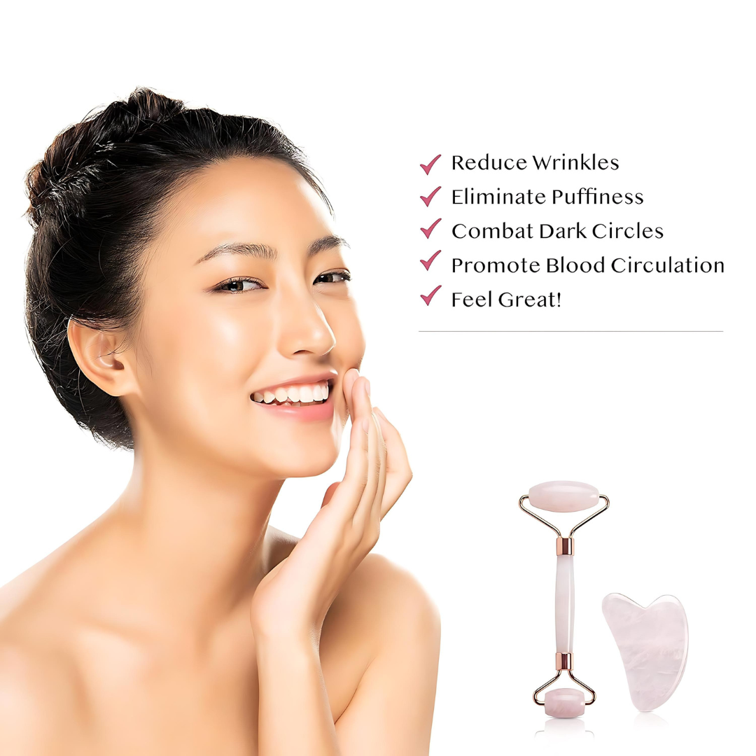 Rose Quartz Roller & Gua Sha Set – Natural Anti-Aging Facial Massager (Rose Gold)