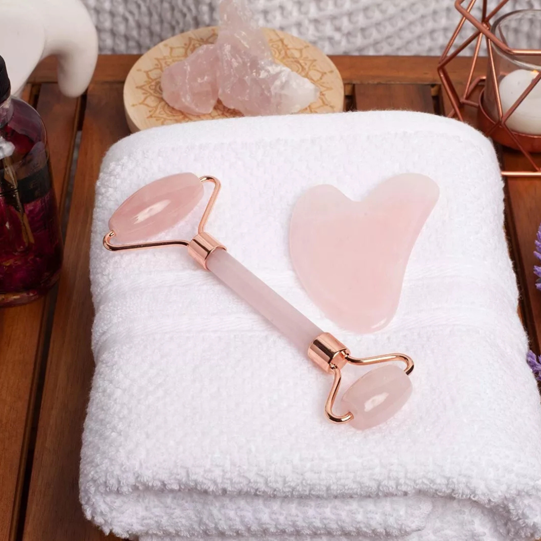 Rose Quartz Roller & Gua Sha Set – Natural Anti-Aging Facial Massager (Rose Gold)