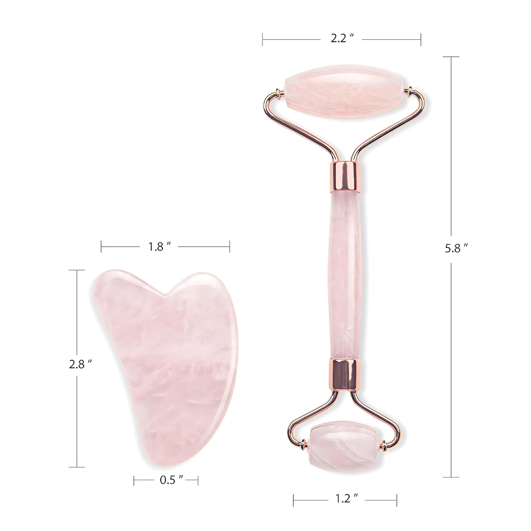 Rose Quartz Roller & Gua Sha Set – Natural Anti-Aging Facial Massager (Rose Gold)