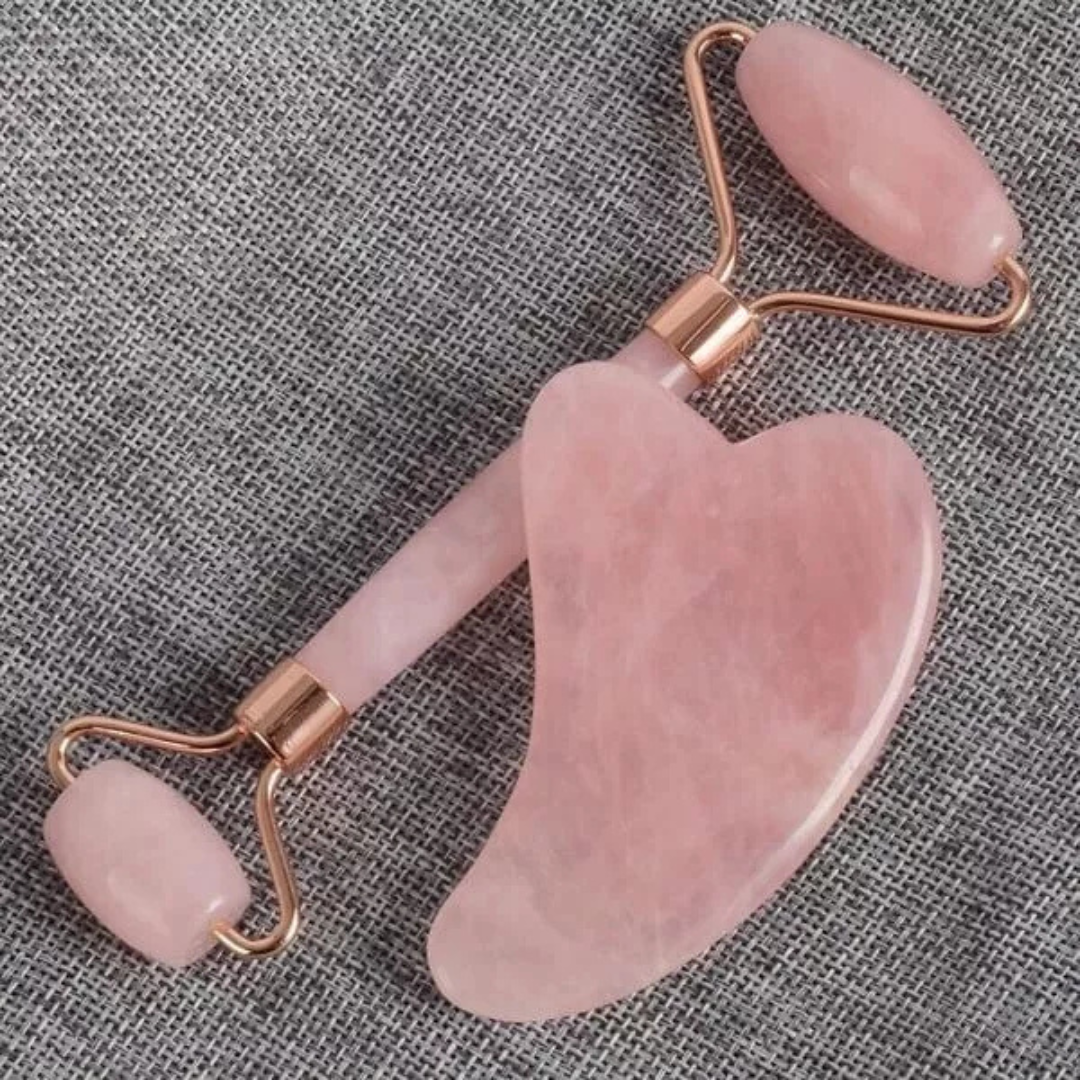 Rose Quartz Roller & Gua Sha Set – Natural Anti-Aging Facial Massager (Rose Gold)