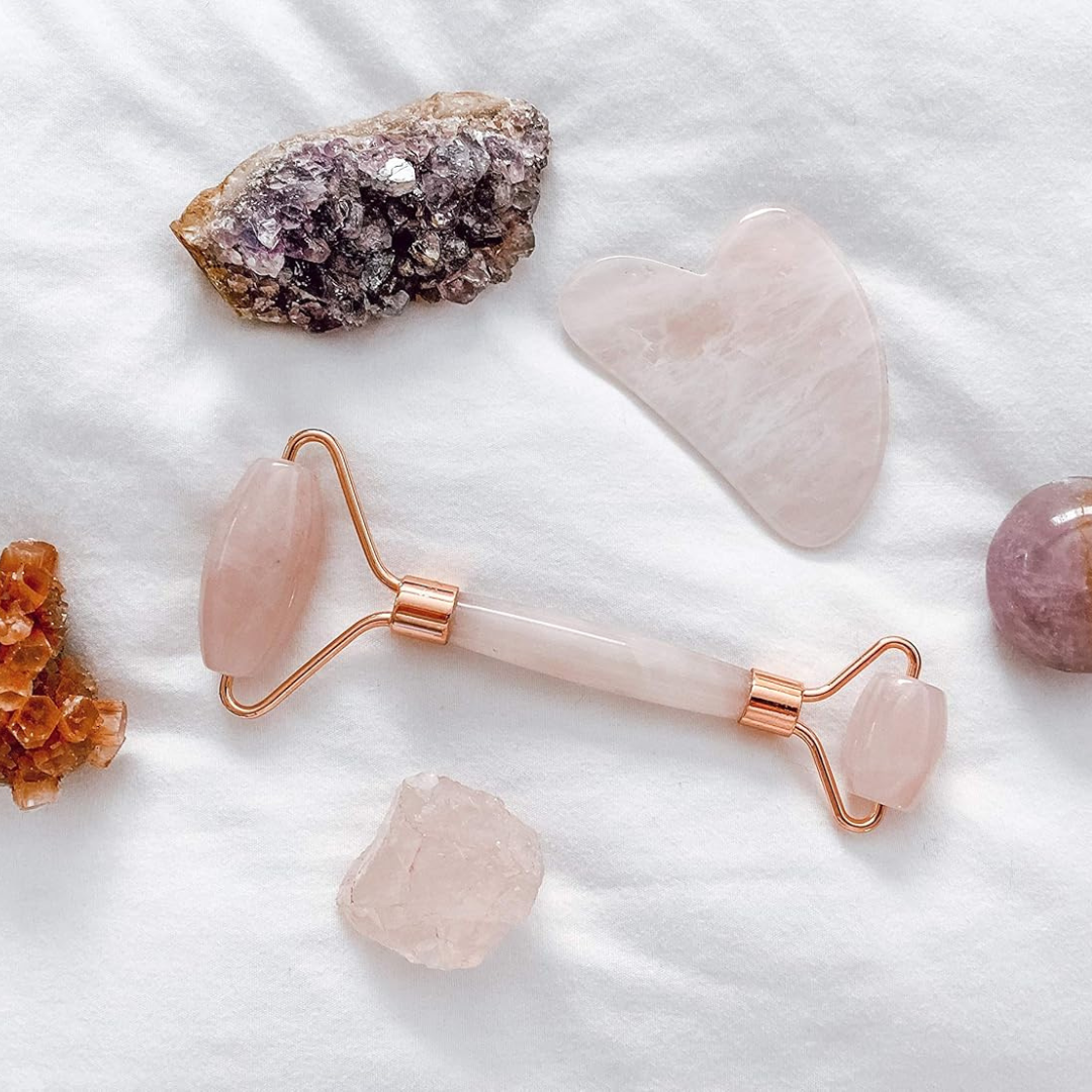 Rose Quartz Roller & Gua Sha Set – Natural Anti-Aging Facial Massager (Rose Gold)